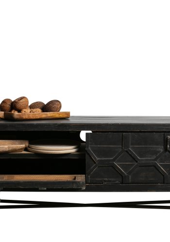 WOOOD Legat TV-bord, m. 2 drer og 1 hylle - antikk svart gjenvunnet furu og jern (160x45)
