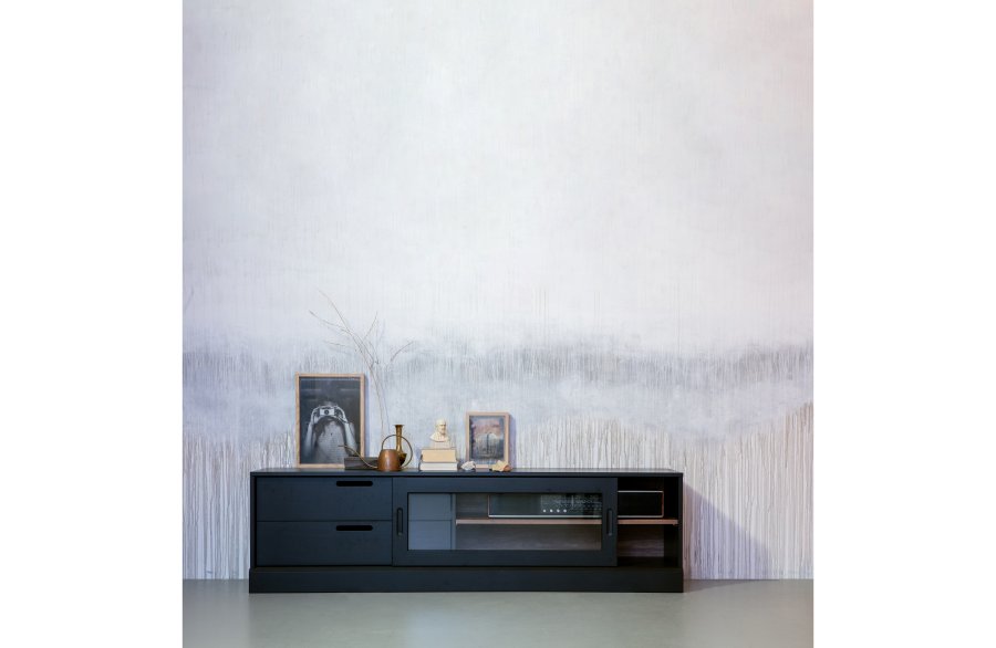 WOOOD EKSKLUSIVT James TV-bord, m. 1 skyvedr og 2 skuffer - glass, sort furu og valntt trykk