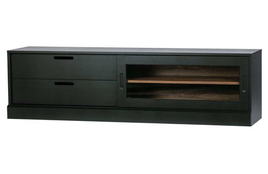 WOOOD EKSKLUSIVT James TV-bord, m. 1 skyvedr og 2 skuffer - glass, sort furu og valntt trykk