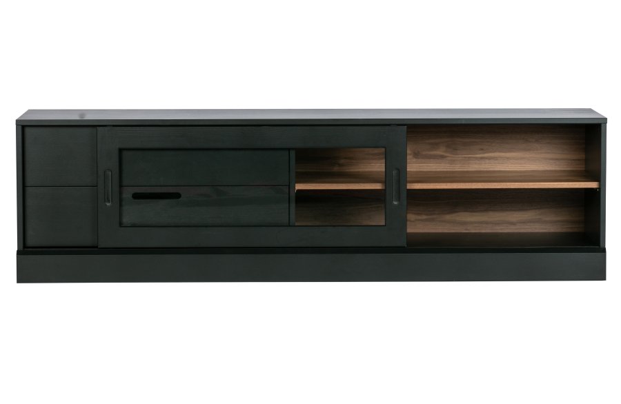 WOOOD EKSKLUSIVT James TV-bord, m. 1 skyvedr og 2 skuffer - glass, sort furu og valntt trykk