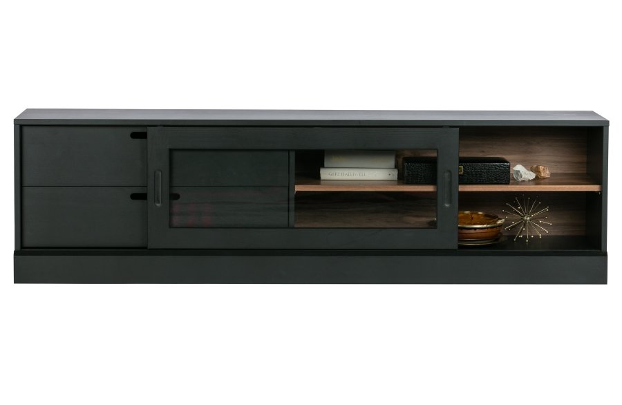 WOOOD EKSKLUSIVT James TV-bord, m. 1 skyvedr og 2 skuffer - glass, sort furu og valntt trykk