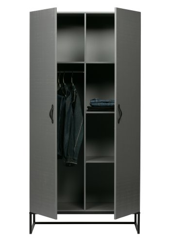 WOOOD Morris garderobe, m. 2 drer, 4 hyller og 1 hengerstang - gr furu og sort metall