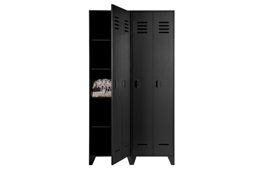 WOOOD Stijn Garderobeskap, m. 2 drer og 8 hyller - sort furu