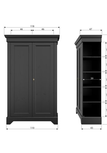 TRE Isabel-skap, m. 2 drer og 4 hyller - sort furu og melamin