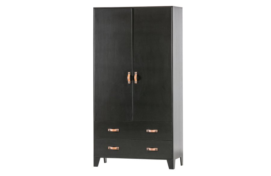 WOOOD Dian garderobe, m. 2 drer, 2 skuffer, 3 hyller, 1 hengerstang - sort furu