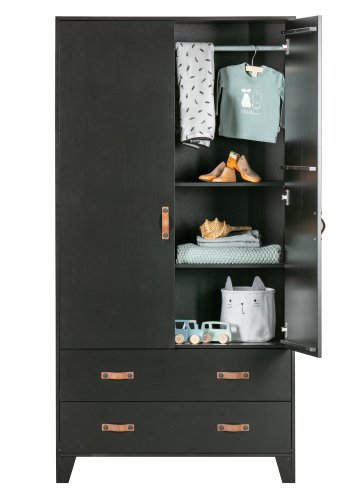 WOOOD Dian garderobe, m. 2 drer, 2 skuffer, 3 hyller, 1 hengerstang - sort furu