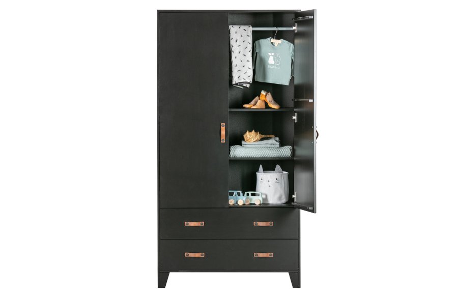 WOOOD Dian garderobe, m. 2 drer, 2 skuffer, 3 hyller, 1 hengerstang - sort furu