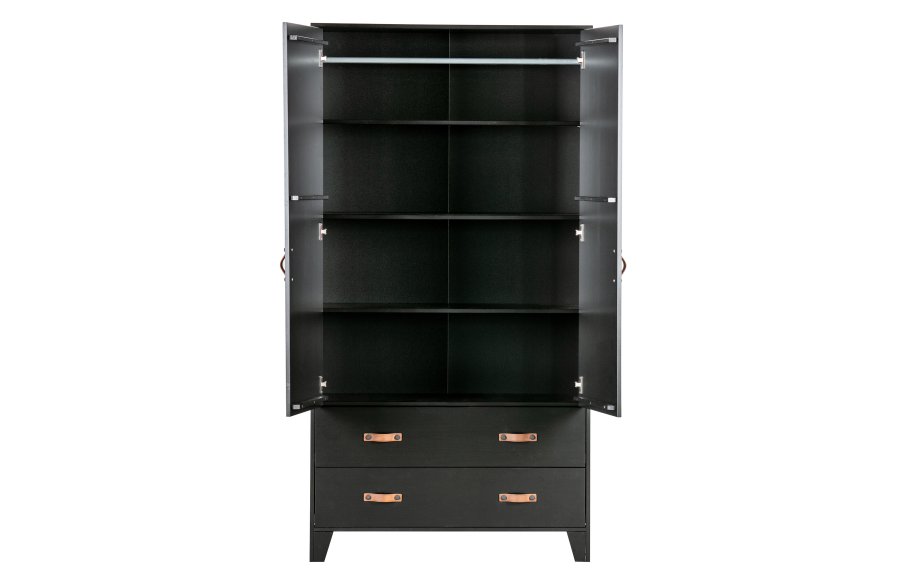 WOOOD Dian garderobe, m. 2 drer, 2 skuffer, 3 hyller, 1 hengerstang - sort furu