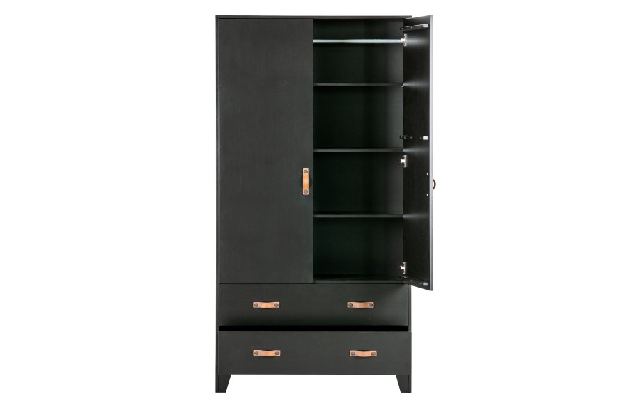 WOOOD Dian garderobe, m. 2 drer, 2 skuffer, 3 hyller, 1 hengerstang - sort furu