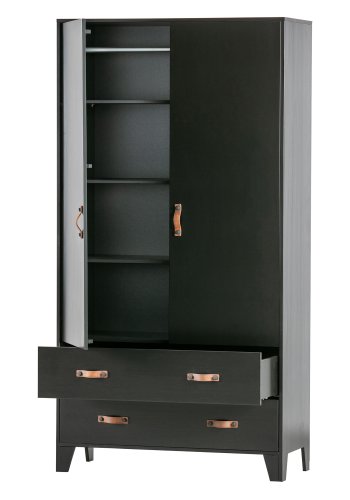 WOOOD Dian garderobe, m. 2 drer, 2 skuffer, 3 hyller, 1 hengerstang - sort furu