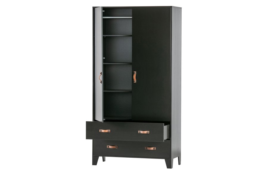 WOOOD Dian garderobe, m. 2 drer, 2 skuffer, 3 hyller, 1 hengerstang - sort furu