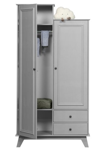 WOOOD Lily garderobe, m. 2 drer, 2 skuffer, 5 hyller og 1 hengestang - varm gr furu