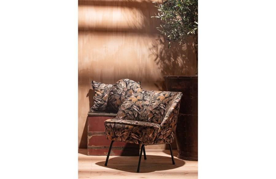 WOOOD Vogue lenestol - svart flyelspolyester med blomstertrykk og sort metall
