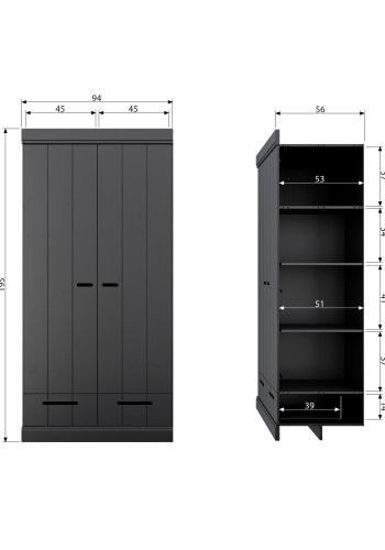 WOOOD Connect garderobe, m. 2 drer, 1 hylle, 1 hengestang og 2 skuffer - sort furu