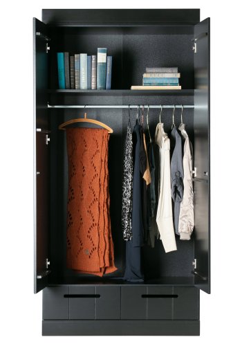 WOOOD Connect garderobe, m. 2 drer, 1 hylle, 1 hengestang og 2 skuffer - sort furu