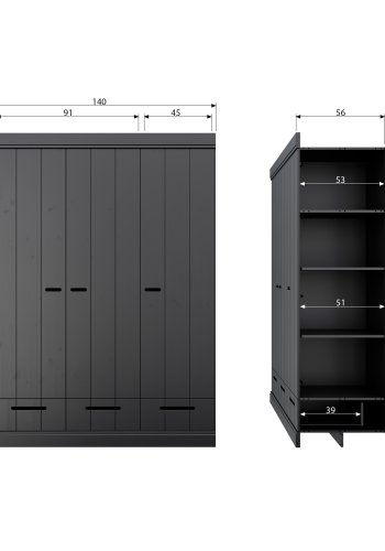 WOOOD Connect garderobe, m. 3 drer, 4 hyller, 1 hengestang og 3 skuffer - sort furu