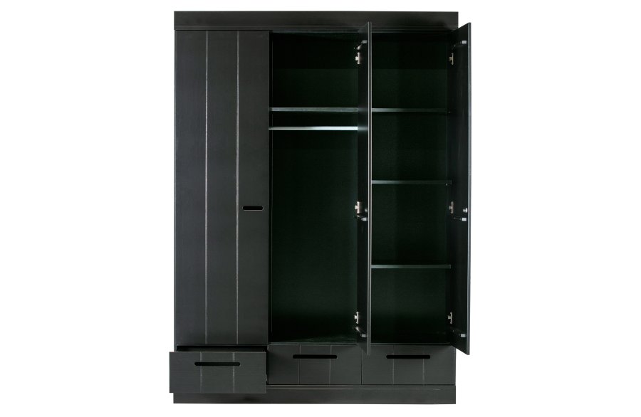 WOOOD Connect garderobe, m. 3 drer, 4 hyller, 1 hengestang og 3 skuffer - sort furu