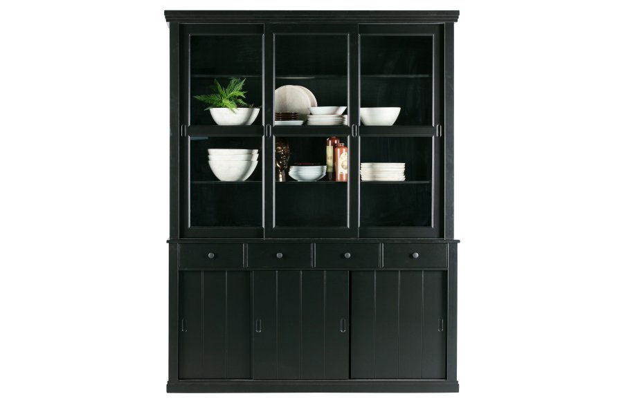 WOOOD Lagos vitrineskab, m. 6 skydelger og 4 skuffer - glas og sort fyrretr