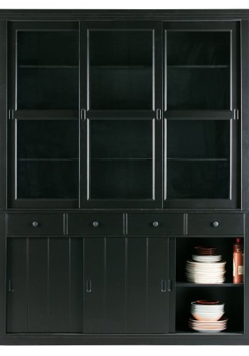 WOOOD Lagos vitrineskab, m. 6 skydelger og 4 skuffer - glas og sort fyrretr