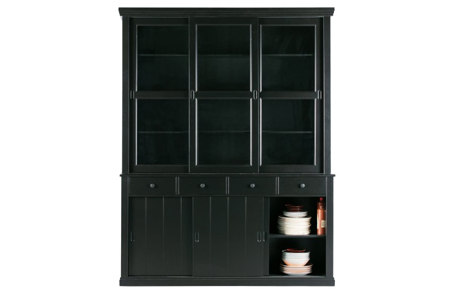 WOOOD Lagos vitrineskab, m. 6 skydelger og 4 skuffer - glas og sort fyrretr