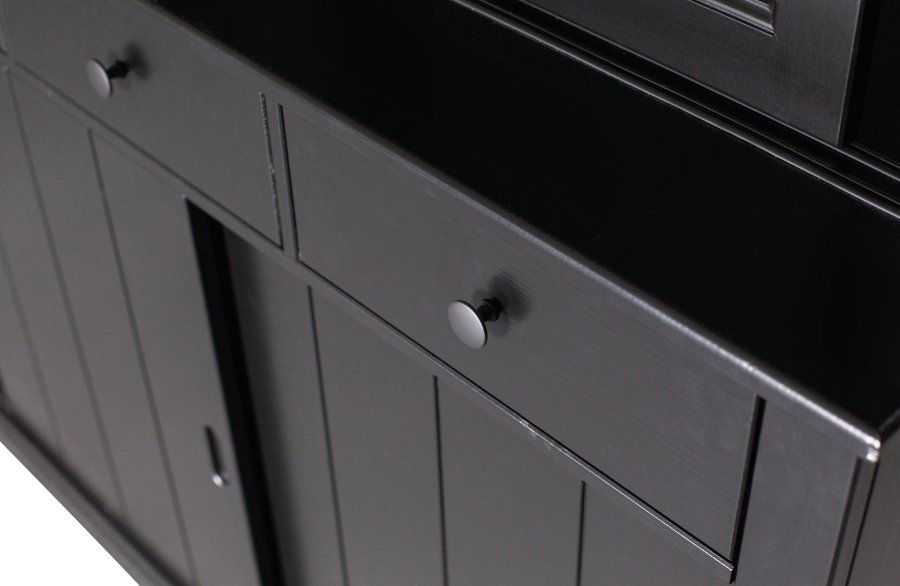 WOOOD Lagos vitrineskab, m. 6 skydelger og 4 skuffer - glas og sort fyrretr