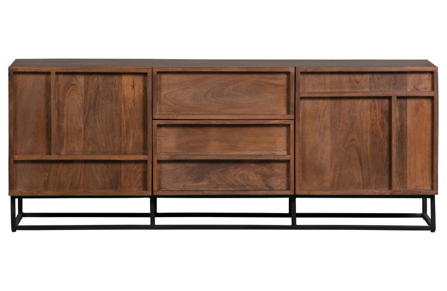 WOOOD EXCLUSIVE Front TV-bord, m. 2 drer, 2 skuffer og 2 hyller - naturlig mangotre og sort metall