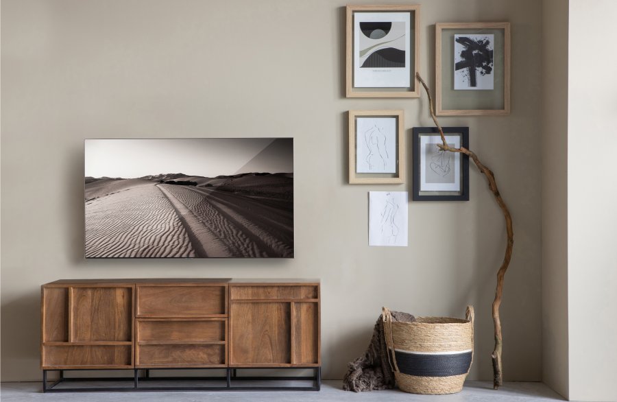 WOOOD EXCLUSIVE Front TV-bord, m. 2 drer, 2 skuffer og 2 hyller - naturlig mangotre og sort metall