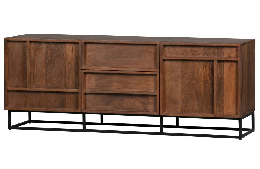 WOOOD EXCLUSIVE Front TV-bord, m. 2 drer, 2 skuffer og 2 hyller - naturlig mangotre og sort metall