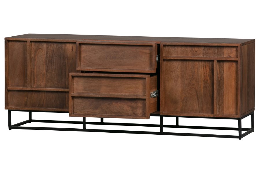 WOOOD EXCLUSIVE Front TV-bord, m. 2 drer, 2 skuffer og 2 hyller - naturlig mangotre og sort metall
