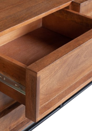 WOOOD EXCLUSIVE Front TV-bord, m. 2 drer, 2 skuffer og 2 hyller - naturlig mangotre og sort metall