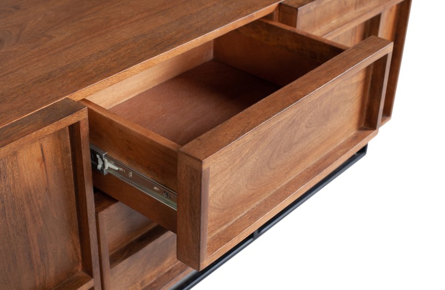 WOOOD EXCLUSIVE Front TV-bord, m. 2 drer, 2 skuffer og 2 hyller - naturlig mangotre og sort metall