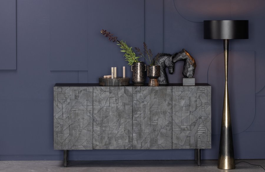 WOOOD Counter-skjenk, m. 4 drer og 2 hyller - svart mangotre og metall