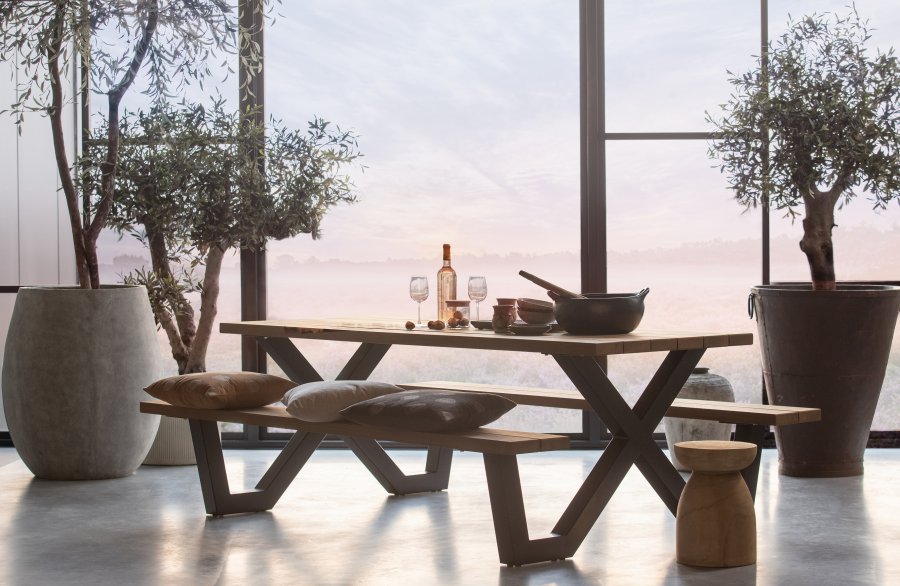 WOOOD Tablo Picnic hagebord, m. 2 benker - naturlig tre og sort stl (206x145)