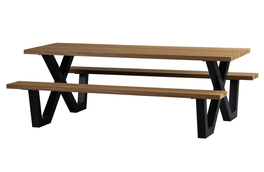 WOOOD Tablo Picnic hagebord, m. 2 benker - naturlig tre og sort stl (206x145)