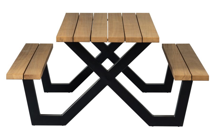 WOOOD Tablo Picnic hagebord, m. 2 benker - naturlig tre og sort stl (206x145)
