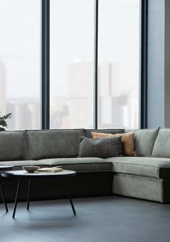 WOOOD Freddie hjrnesofa, hyre - varm grnnmelert stoff