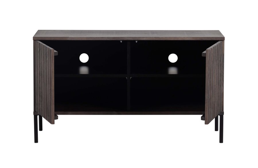 WOOOD EKSKLUSIV Ny Gravure TV-bord, m. 2 trykk for  pne drer - espresso askefiner/svart metall (B:100)