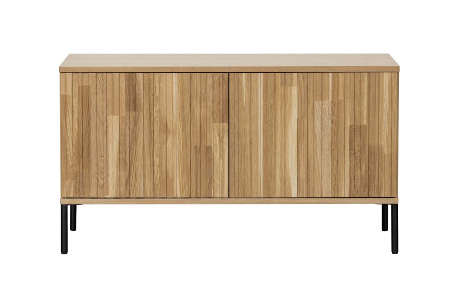 WOOOD EKSKLUSIV Ny Gravure TV-bord, m. 2 trykk for  pne drer - naturlig eikefiner og svart metall (B:100)