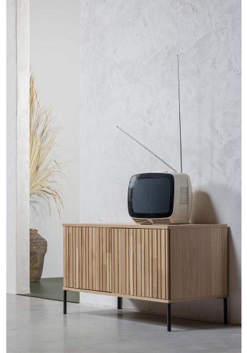 WOOOD EKSKLUSIV Ny Gravure TV-bord, m. 2 trykk for  pne drer - naturlig eikefiner og svart metall (B:100)