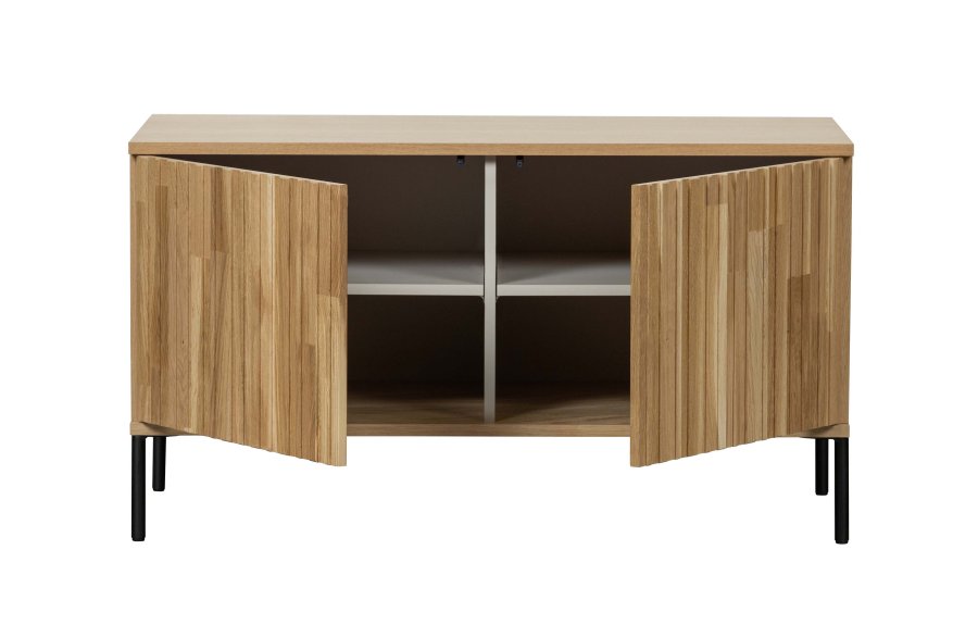 WOOOD EKSKLUSIV Ny Gravure TV-bord, m. 2 trykk for  pne drer - naturlig eikefiner og svart metall (B:100)