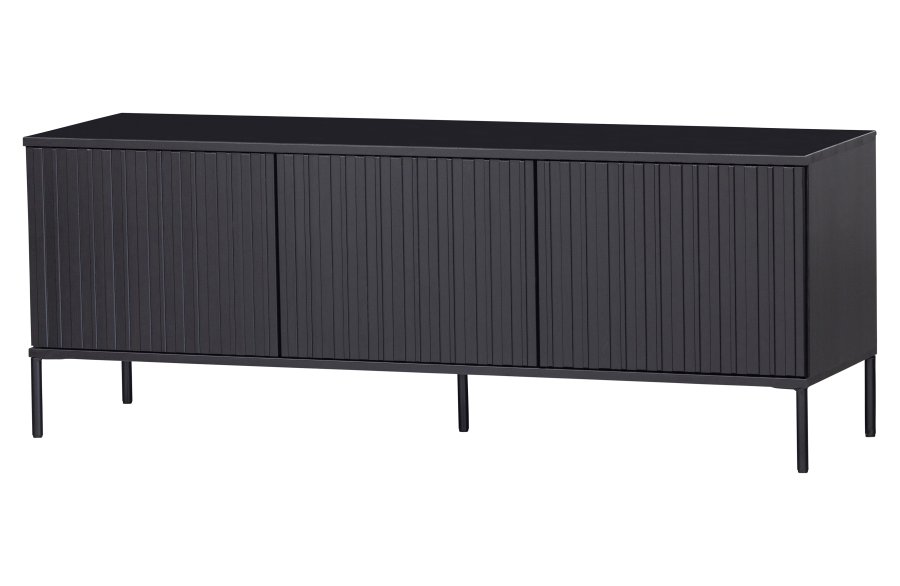 WOOOD EKSKLUSIV Ny Gravure TV-bord, m. 3 trykk for  pne drer - svart furu og svart metall (B:150)