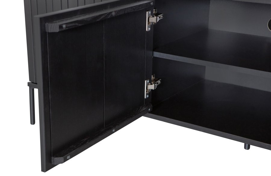 WOOOD EKSKLUSIV Ny Gravure TV-bord, m. 3 trykk for  pne drer - svart furu og svart metall (B:150)