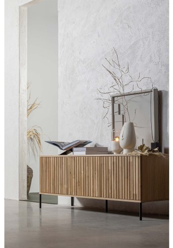 WOOOD EKSKLUSIV Ny Gravure TV-bord, m. 3 trykk for  pne drer - naturlig eikefiner og svart metall (B:150)