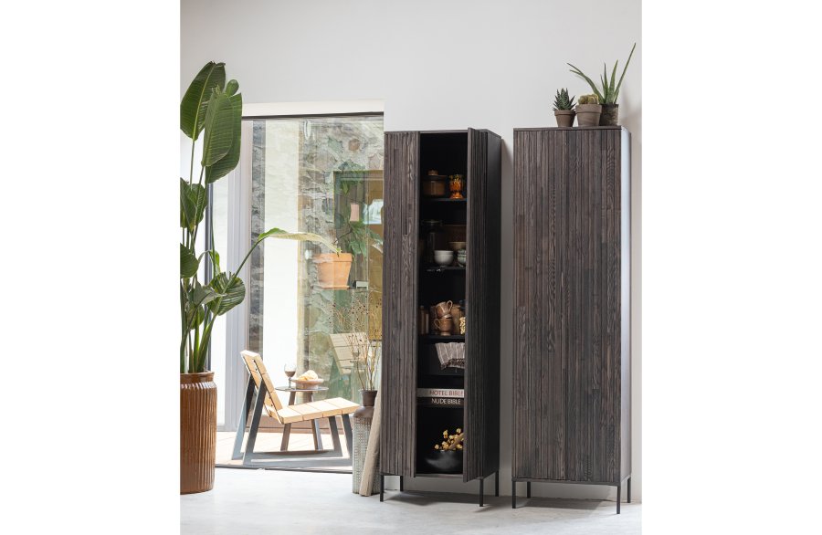 WOOOD EKSKLUSIV Nytt gravure skap, m. 2 trykk for  pne drer, 1 skuff - espresso askefiner/svart metall