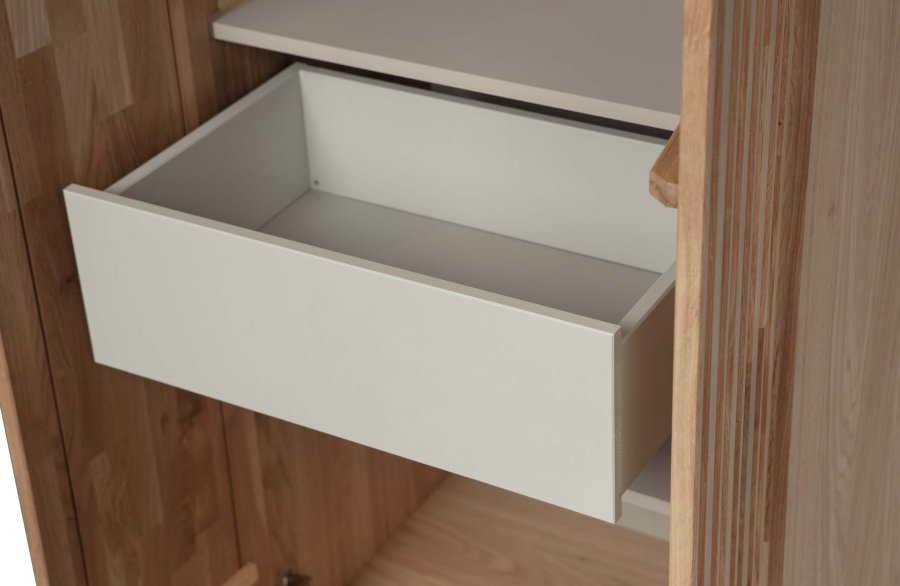 WOOOD EKSKLUSIV Nytt gravure skap, m. 2 trykk for  pne drer og 1 skuff - naturlig eikefiner og svart metall