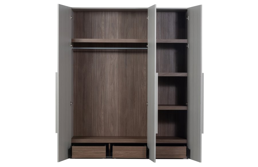 WOOOD Ren garderobe, m. 3 drer, 4 hyller, 1 hengestang, 3 skuffer - steingr/brun valnttfinish