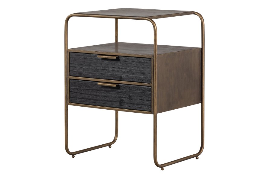 WOOOD Collection nattbord, m. 2 skuffer - antikk messingmetall og svart tre (45x38)
