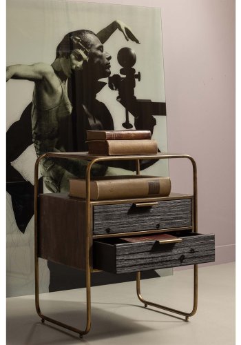 WOOOD Collection nattbord, m. 2 skuffer - antikk messingmetall og svart tre (45x38)