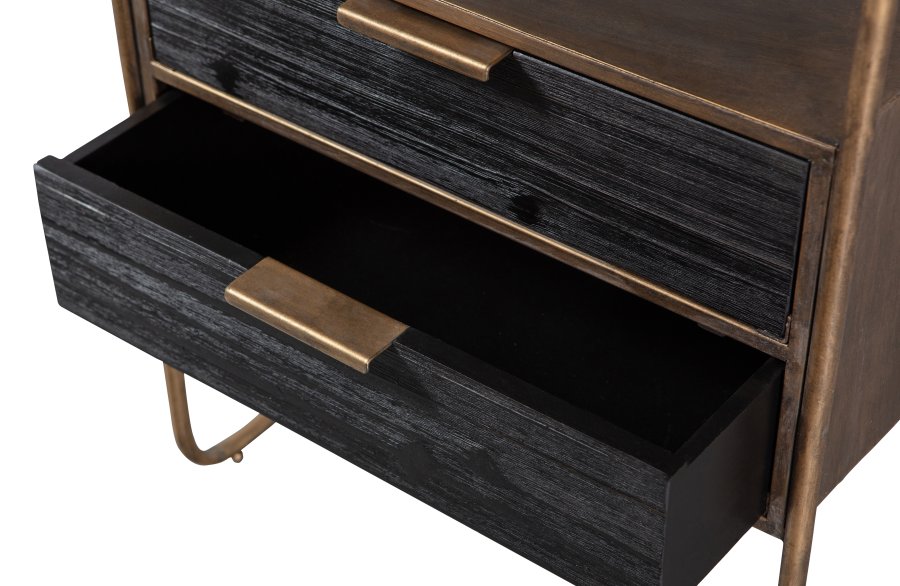 WOOOD Collection nattbord, m. 2 skuffer - antikk messingmetall og svart tre (45x38)