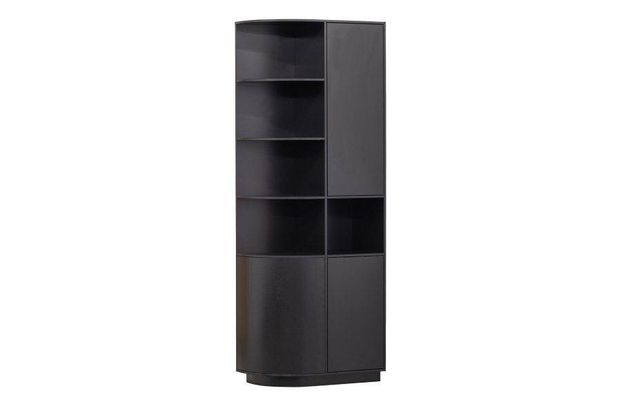 WOOOD EXCLUSIVE Fincaskap, rundt, venstre, m. 2 trykk for  pne drer og hyller - svart furu